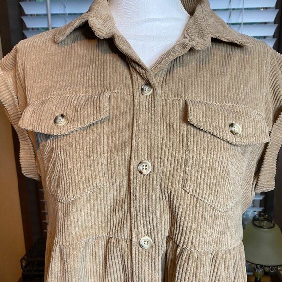 ANDREE BY UNIT | Dresses | Tan Corduroy Collared Short Sleeve Tiered ...